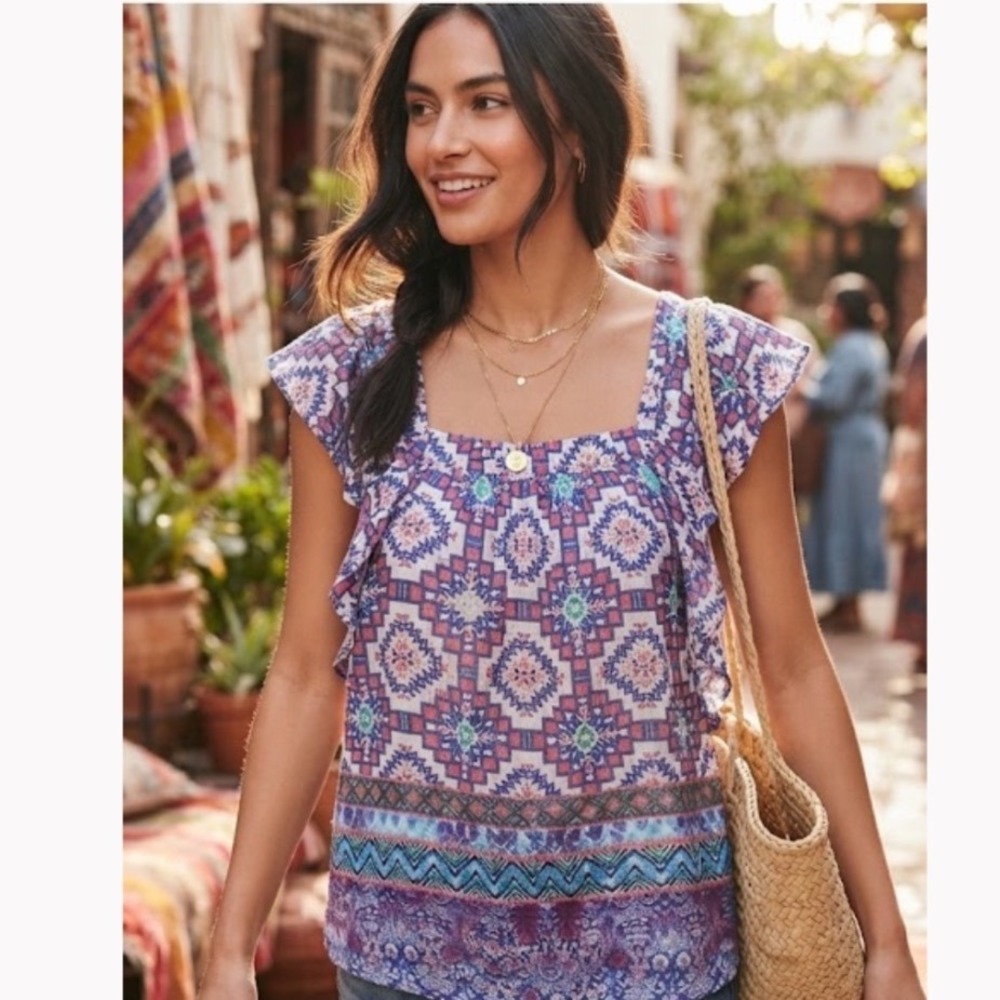 NWT Anthropologie Meadow Rue Blue Tile Ruffle Lightweight Blouse Women's 0